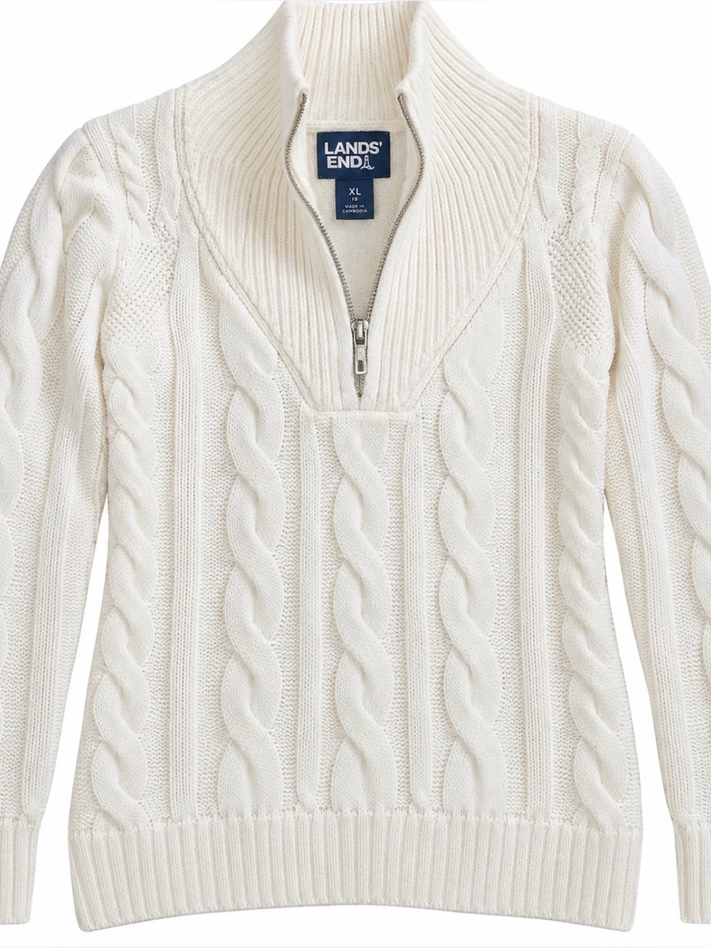 Lands’ End Women’s XL 18 Ivory Cable Knit Cotton Quarter Zip Sweater